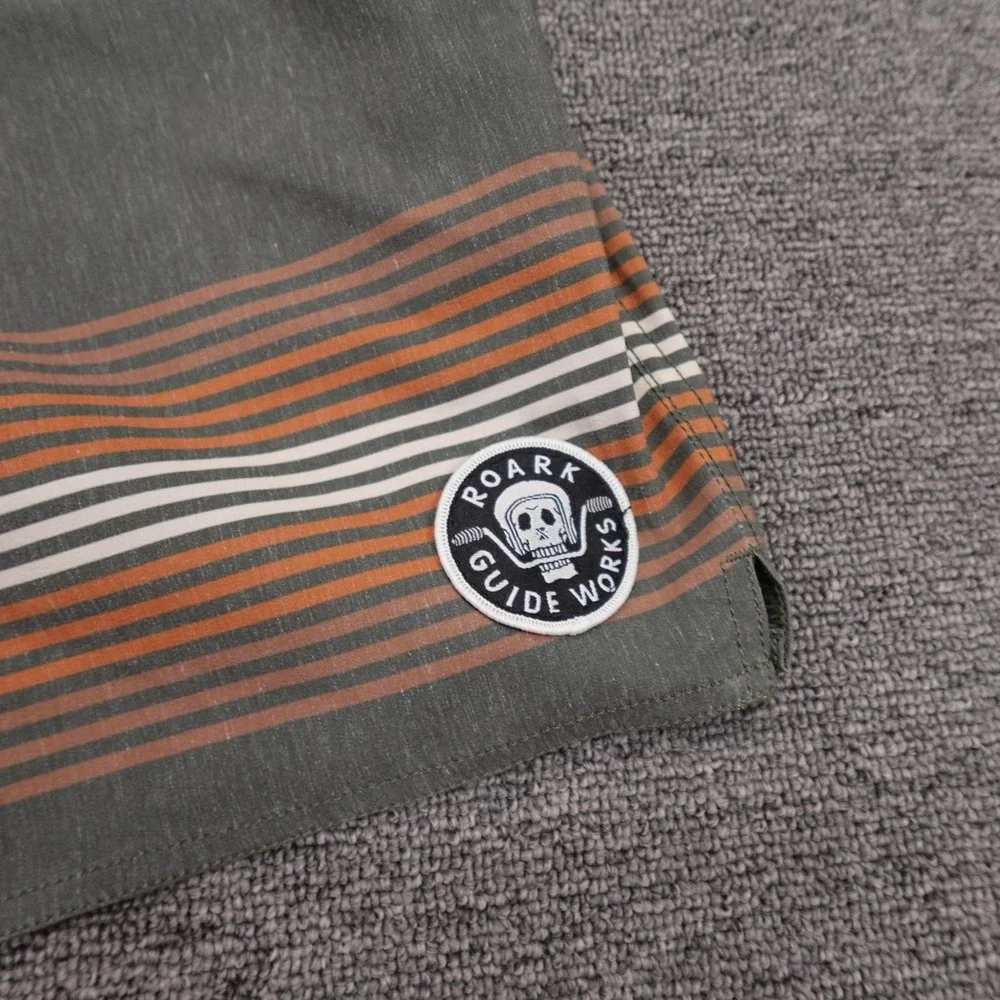 Roark Shorts Mens Medium Green Striped Swim Trunks Guide Works Skull Surf